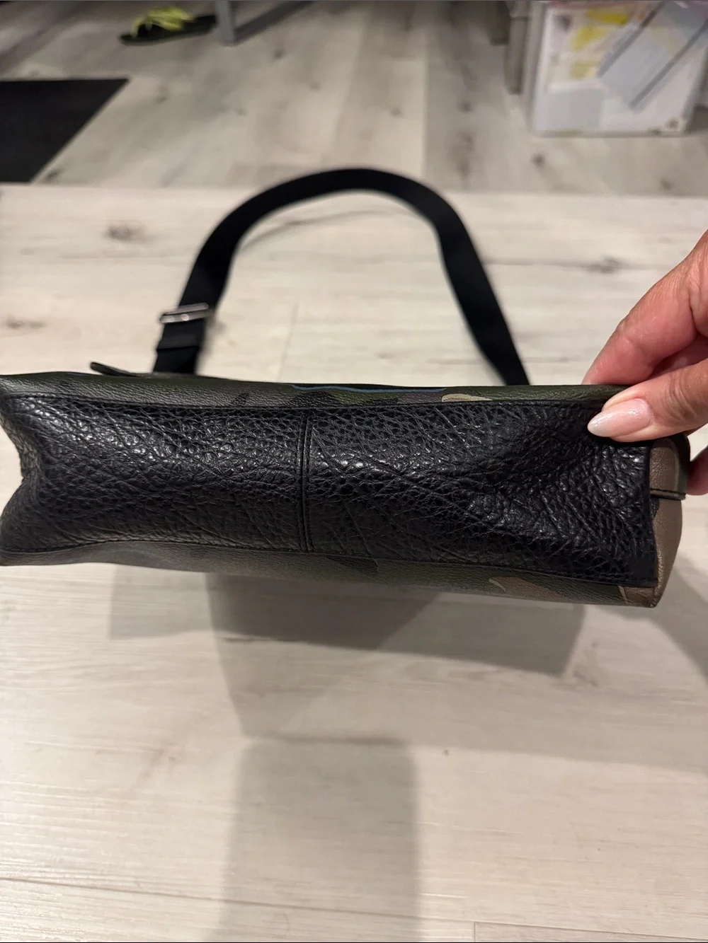 Coach Black Pebbled Leather Messenger Bag with Green Camo Panel